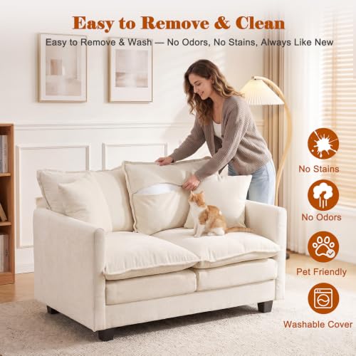 Image of 50'' Loveseat Sofa Set, Small Couch Set 2 Piece Cloud Love Seat with 27 inch Deep Seat Washable Chenille Pillows Couches for Small Spaces Apartment Living Room, Beige