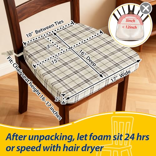 Image of AAAAAcessories D-Shaped Chair Cushions, 2 inch Thick Dining Chair Pads with Ties and Removable, Machine-Washable Cover, 17 inch x 16 inch, Set of 2, Tan Plaid