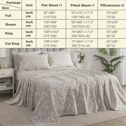 Image of Grayish Beige Floral Percale Sheets Queen Size, Deep Pocket, 4Pcs