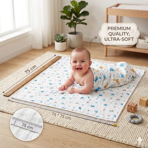 Image of HANUSH Muslin Baby Bath Towel (Pack of 3)|100% Organic Muslin Cotton| Newborn Swaddle Wrap (75 * 75 cm)| Highly Absorbent Ultra Soft Breathable Lightweight Towels for Infants, Toddlers, Boys & Girls