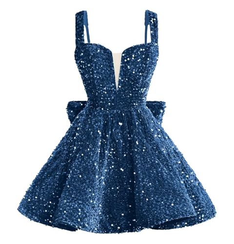 Fu Jiang Sparkly Sequin Homecoming Dresses 2025 Short Spaghetti Straps V Neck Cocktail Party Gowns with Bow