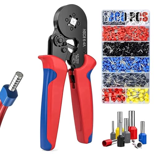 Juego de crimpadoras con 1300 casquillos - Engarzadora automática de casquillos de 0,25 a 10 mm², engarzado cuadrado, mango ergonómico, mecanismo de trinquete - Electricidad y automoción