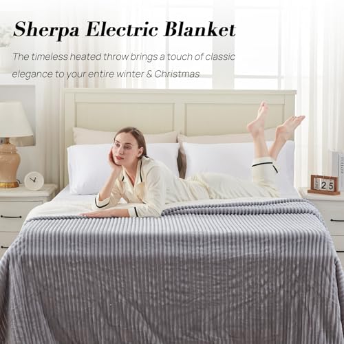 Westinghouse Full Size Heated Blanket, Soft Flannel to Sherpa Reversible, Electric Blanket Full with 10 Heating Settings & 1-12 Hours Auto Shut Off, Machine Washable, (72" x 84", Light Grey)