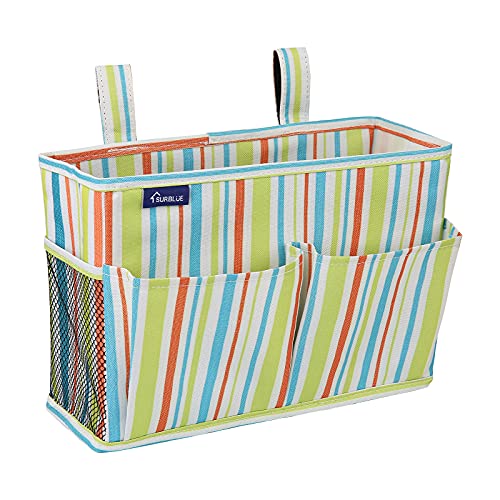 Image of Surblue Bedside Caddy Hanging Bed Organizer Storage Bag Pocket for Bunk and Hospital Beds, College Dorm Rooms Baby Bed Rails,Camp Chiars,Wheelchair Side Bag,4 Pockets and 2 Hooks (Green Stripe)
