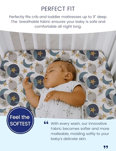 Image of TotAha Space Crib Fitted Sheet, Super Stretchy Jersey Star Crib Sheets, Buttery Soft Boy Crib Mattress Sheets, Ultra Breathable Baby Bed Sheets 28x52x9 Extra Deep Pocket, 2 Pack