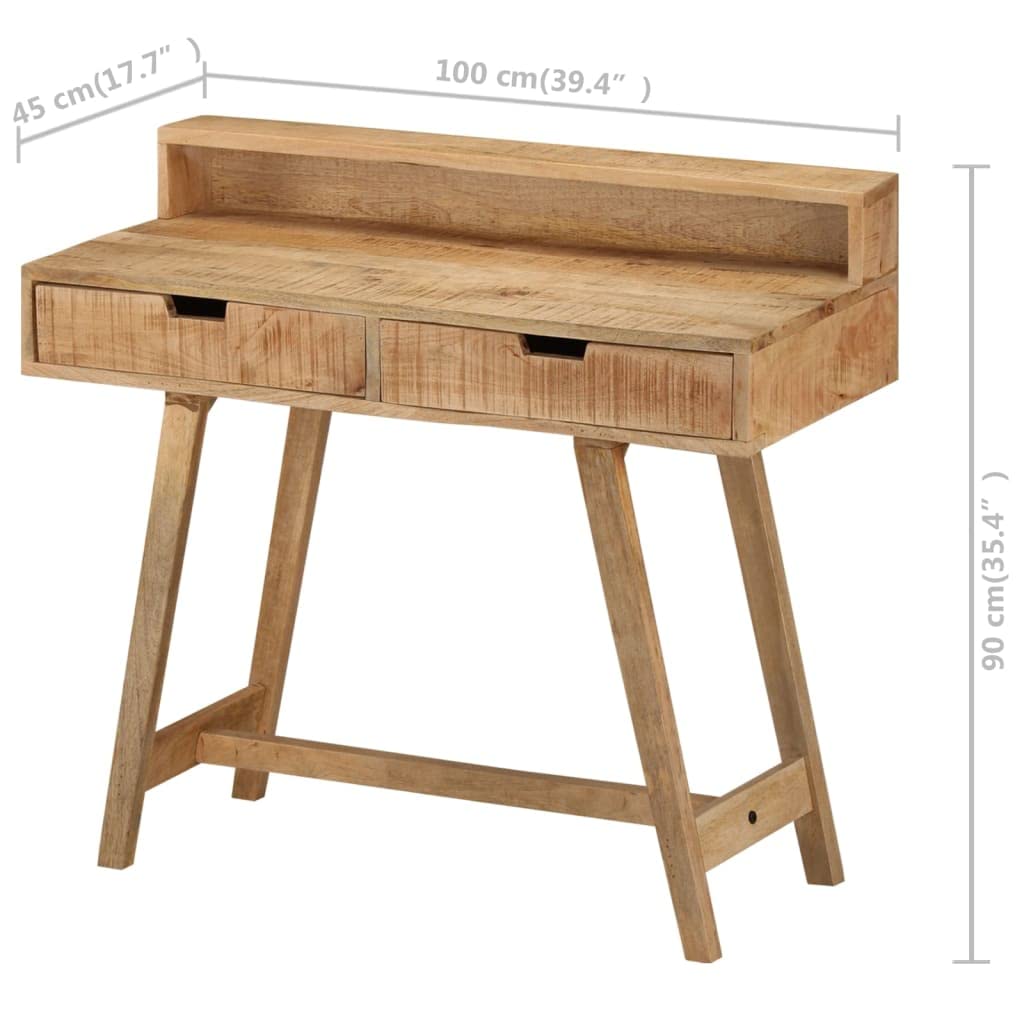 Schreibtisch aus unbehandeltem Mangoholz, massiv, 100 x 45 x 90 cm | 2 Schubladen, stabile Oberfläche, Vintage-Stil, Computertisch, Arbeitstisch, Studententisch