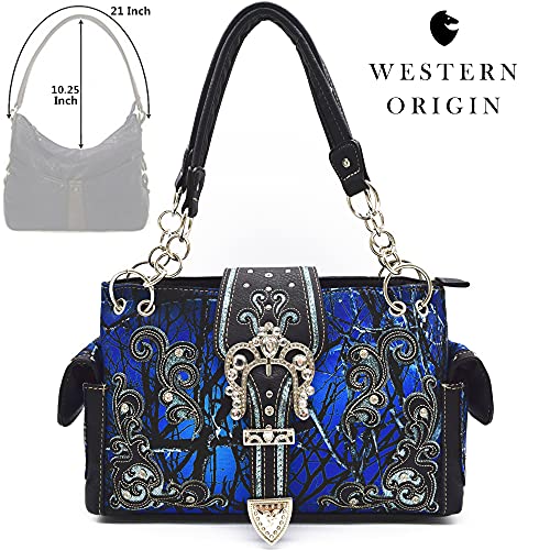 Camouflage Crown Buckle Western Style Purse Floral Shine Glow Country Handbag Women Shoulder Bag Crossbody Wallet Set2