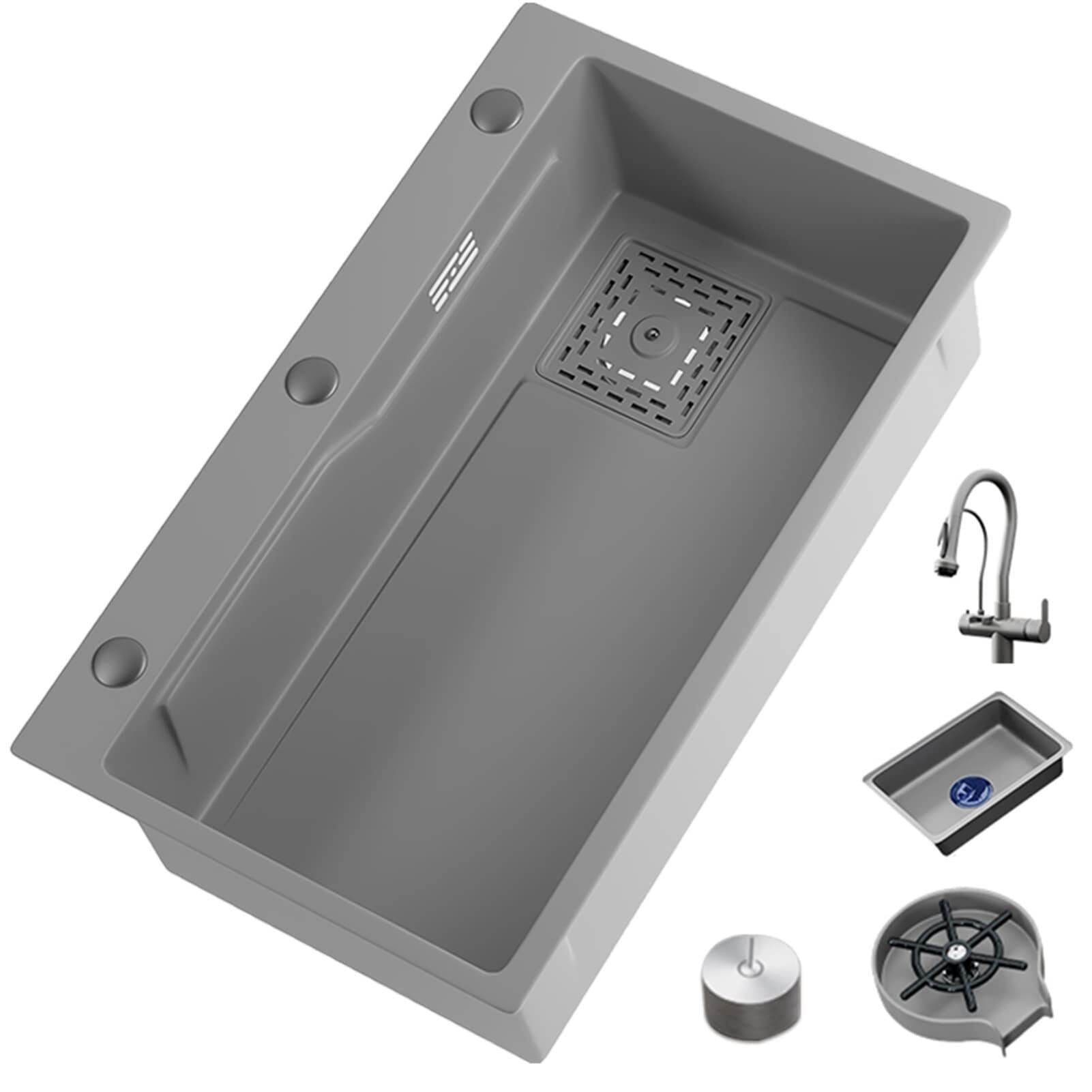 WBJGUOD High-End Handmade Stainless Steel Kitchen Sink with Multifunctional Waterfall Faucet for Courtyard Office - Undermount Single Bowl 3 Installation Methods(75X45Cm)
