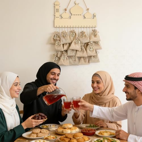 BOARDFEB Ramadan Kalender,Ramadankalender Befüllen Holz mit 30 Stofftüten,DIY Ramadan Countdown Kalender zum Befüllen Ramazan Deko Hängend Ramadan Mubarak Dekoration Eid Geschenke Kinder
