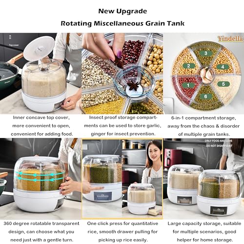 Image of Yindella Big Rice Storage Container Cereal Dispenser for Kitchen Multi 6 Compartment Spice Grain Organizer Bucket Insect & Moisture Proof Sealed Rice Storage Box Rice Jar (Green) (White)