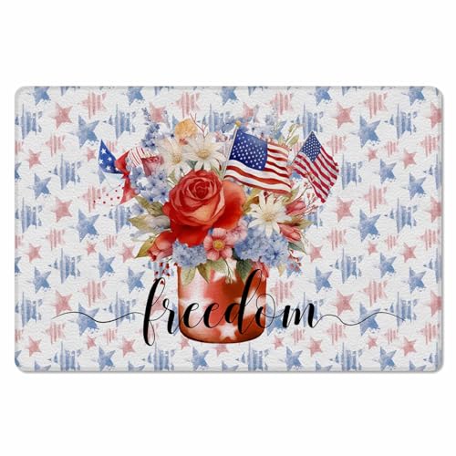 Stripes Stars Flag Antifatigue Kitchen Bath Door Mat Cushioned Runner Rug,Washable Welcome Floor Sink Mat,Waterproof & Non-Slip Standing Doormat for Kitchen,4th of July Spring Summer Floral 18