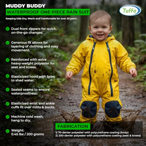 Image of Tuffo Muddy Buddy Kids Waterproof Rain Suit One-Piece Coverall, Dual Zippers, Sealed Seams, Reinforced Knees - Boys & Girls
