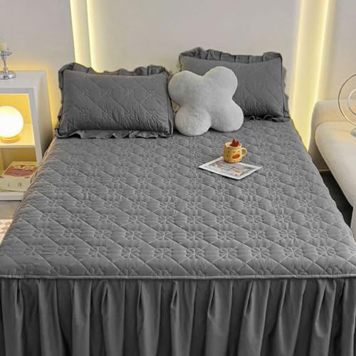 Fzigenle ベッドスカート 2点枕カバー 中綿 キルティング 中綿 上品 A120*200 厚め ダークグレー 姫系 レース ベッドカバー 秋冬 暖かい レース フリル 柔らか ダブル キング マットレスカバー 中綿ベッドスカート 静電気防止 洗える