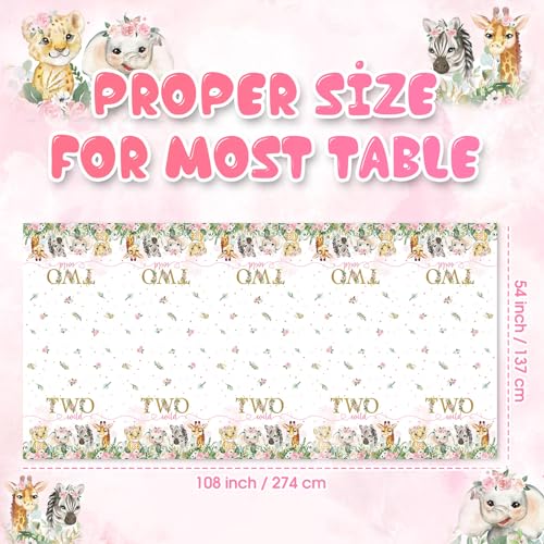 Newwiee 3 Pcs Two Wild Birthday Decorations Tablecloths Safari Animal Table Cloths 54 x 108 Inch Rectangle Jungle Table Covers Wild Animal Tablecloths for 2nd Birthday Party Supplies(Pink)