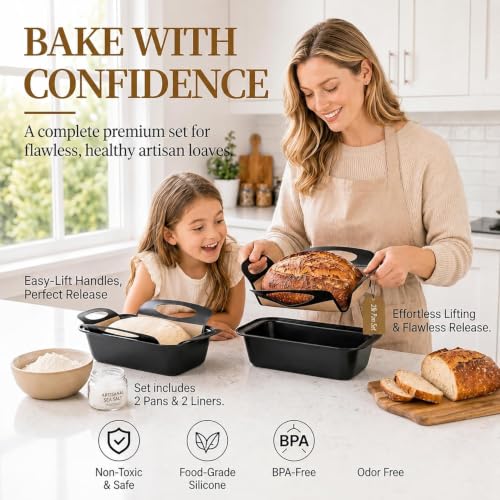 9x5 Loaf Pans for Baking Bread, 2-Pack Bread Loaf Pan Set with Silicone Bread Sling Liners, Nonstick Loaf Liners for Sourdough, Banana Bread, Homemade Bread - Image 2