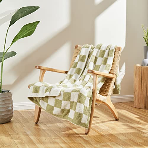Image of CozeCube Sage Green White Reversible Checkered Knit Throw Blanket 50 inchx60 inch