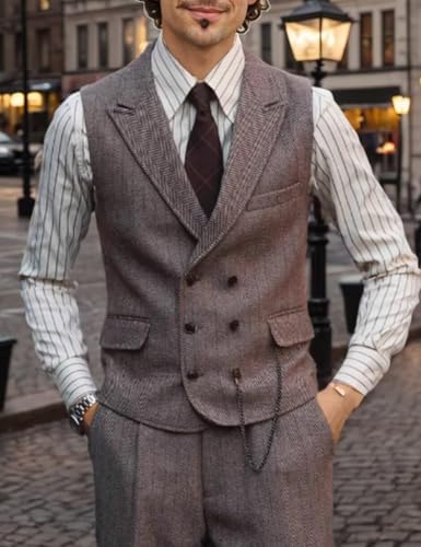 3 Pieces Men's Suit Slim Fit Single Breasted Tweed Herringbone Tuxedo Jacket Vest Pants Set Wedding Party4