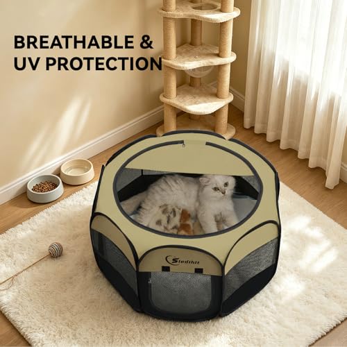 Image of Siedihit Puppy Playpen for Small Dog Cat, Dogs Tent Crate Cage Indoor /Outdoor, Portable Pop Up Dog Kennel with Carrying Bag for Rabbits, Removable Top (Black Khaki, Small)