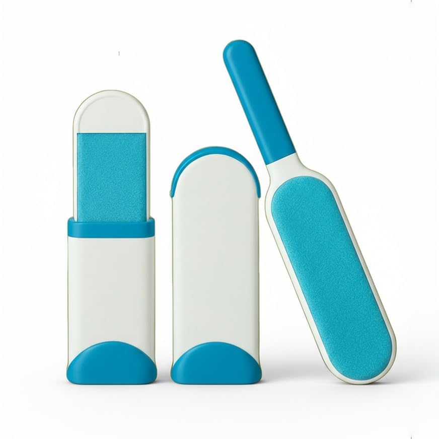 PetJoy Double-Sided Pet Fur Removal Brush, Reusable Hair Remover for Furniture and Pets, with Cleaning Base, Blue and White-image-13