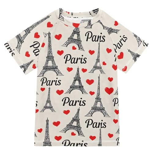 ALAZA Kids Rash Guard Boys Toddler Swim Shirts Short Sleeve Eiffel Tower Love UPF 50+ 3T