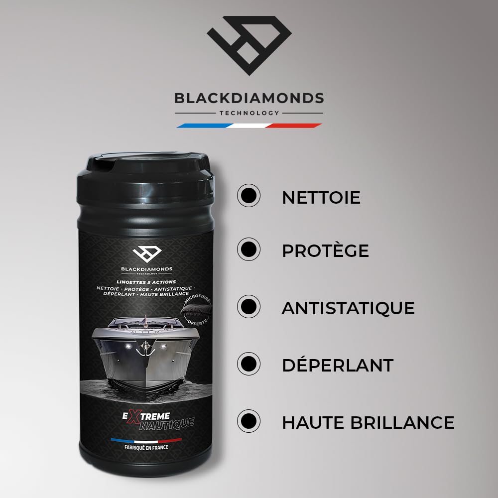 BlackDiamonds - Salviette Detergenti per Barche - 5 Azioni - Puliscono, Proteggono, Antistatiche, Idrorepellenti E Massima Lucentezza - Biodegradabile - Senza Acqua né Risciacquo - 80 Salviette