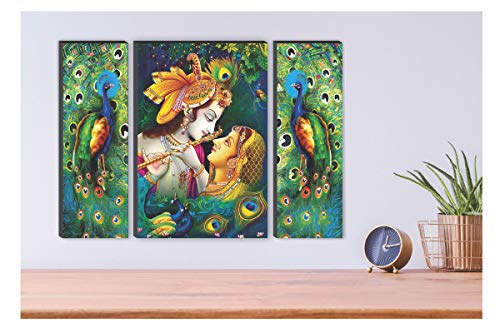 Image of SAF Set of 3 Religious Radhe Krishna with Couple Peacock UV Textured Home Decorative Gift Item Self Adeshive Painting 18 Inch X 12 Inch SANFJM01, Multicolour
