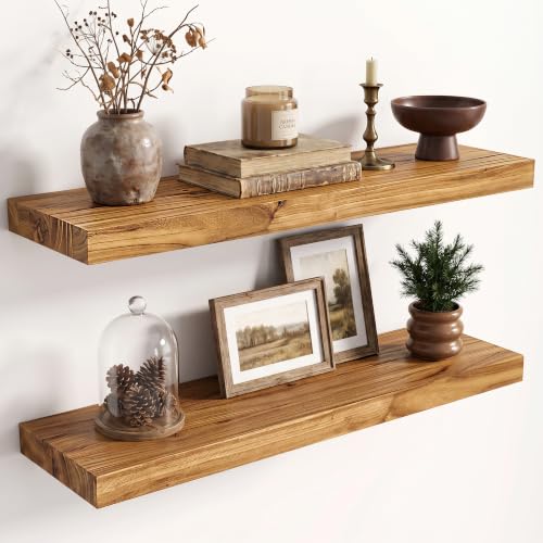 Image of Fun Memories 24 inch Wall Mounted Floating Shelves, Natural Elm Wood, 2 Pack