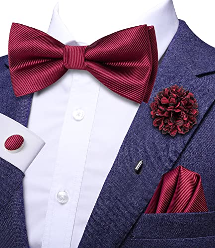 Image of Hi-Tie Burgundy Men Bowtie Pre-Tied Pocket Square Lapel Pin Sets Cufflinks Mens Bowtie Sets for Wedding Formal Party