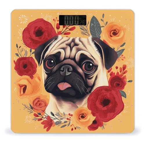 Báscula digital de baño con diseño Pug Flower, vidrio templado miniatura 1