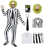 DIYLN 7 Pcs Beetle Movie Juice Costume Male Black and White Striped Suit Men Adult 80s Horror Comedy Character Cosplay Outfit Scary Halloween Costumes with Shirt Tie Wig Makeup Kit DY040M