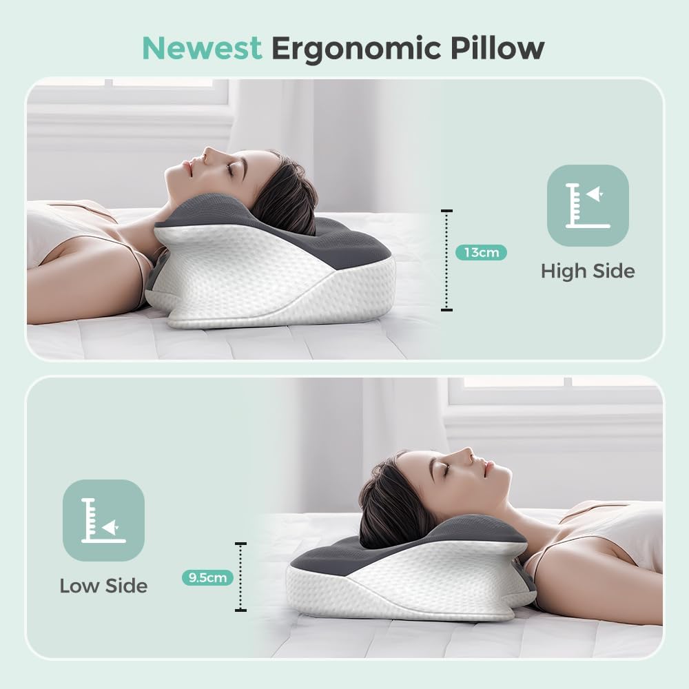 Cervical Neck Pillow for Sleeping, Memory Foam Pillow for Neck Support, Side Sleeper Pillow for Back & Stomach Sleepers, 2 Heights Ergonomic Pillow with Removable Pillowcase