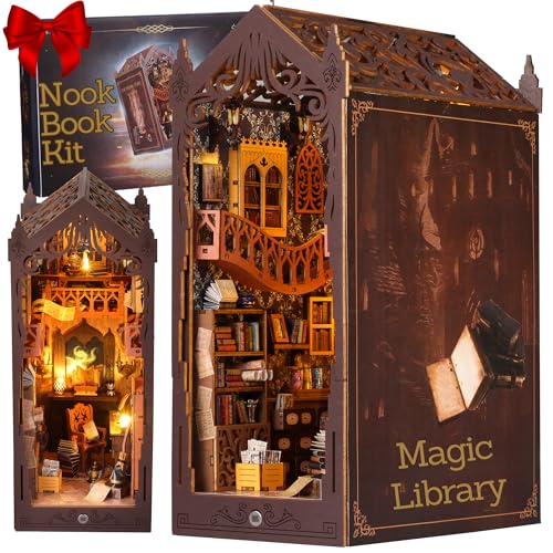 HURUC Book Nook Kit – Library Theme DIY Booknook with LED Lights | Book Nook Kits for Adults, Teens | Beginner-Friendly Nook Book for Home Décor | Perfect Booknook DIY Kit Gift