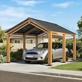 Sunjoy Carport 11 ft. x 13 ft. Wood Gazebo Heavy Duty Garage Car Shelter with Steel Roof and Wooden Frame, Gable Roof Cedar Carport for Cars and Outdoor Equipment by AutoCove