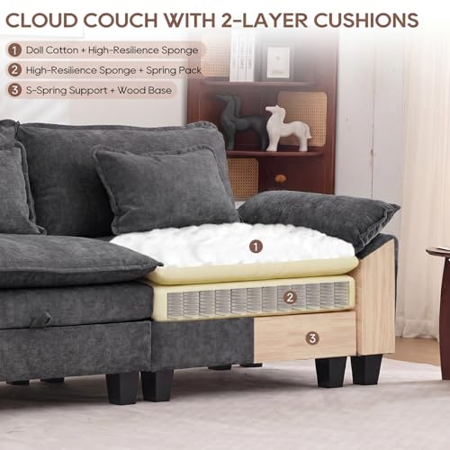 Image of IPKIG 117 inch Modular Cloud Couch with Storage, L Shaped Sectional Sofa with Ottoman & Pillow, Velvet Deep Seat Sectional Couches for Living Room, Apartment, Dark Grey