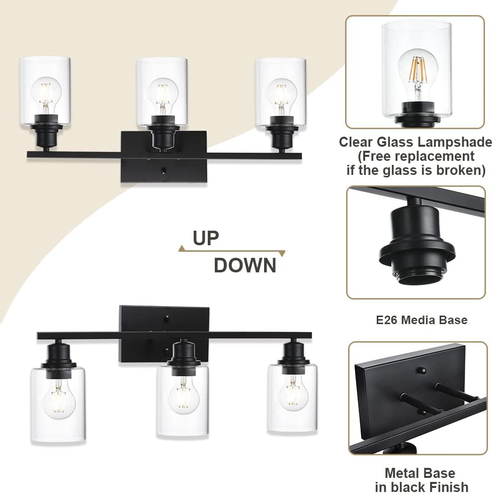 VINLUZ Matte Black Vanity Light for Bathroom 3 Light Farmhouse Indoor Bathroom Lighting Fixtures Over Mirror with Clear Glass Shade for Dressing Table