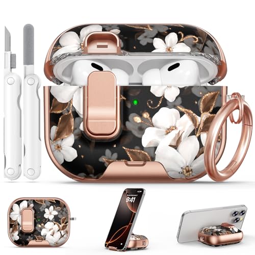 Image of for AirPods Pro 2nd /1st Case (2023-2019)-Black Gold Flower | With Safety Lock, As Phone Stand,for Women Girly,with Keychain & Clean Pen,Two-Piece Design,Wireless Charging,TPU+PC Material