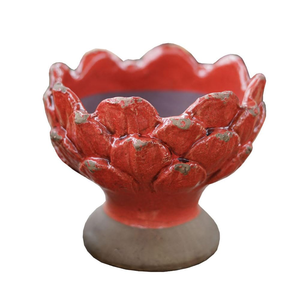asdchZen 9.8Inch Retro Distressed Stoneware Relief Glazed Flowerpot Ceramic Planter Pot Indoor Cacuts Succulent Decor Modern Sculpture Flower Gifts Table Centerpiece Arts Crafts,Red