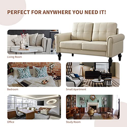 Husbedom 60.6 Inches Loveseat Sofa, Air Leather Small Couches For Small Spaces, Comfy Couch For Living Room, Bedroom, Apartment, Studio, Beige #TOP2