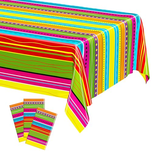 Image of 3 Pcs Plastic Day of the Dead Tablecloth Mexican Theme Party Decorations | 54 inch x 108 inch Fit 6FT Table, Thick PE3 Plastic Rectangle Table Cover, Colorful Serape Stripe Dinnerware Fiesta Decorations