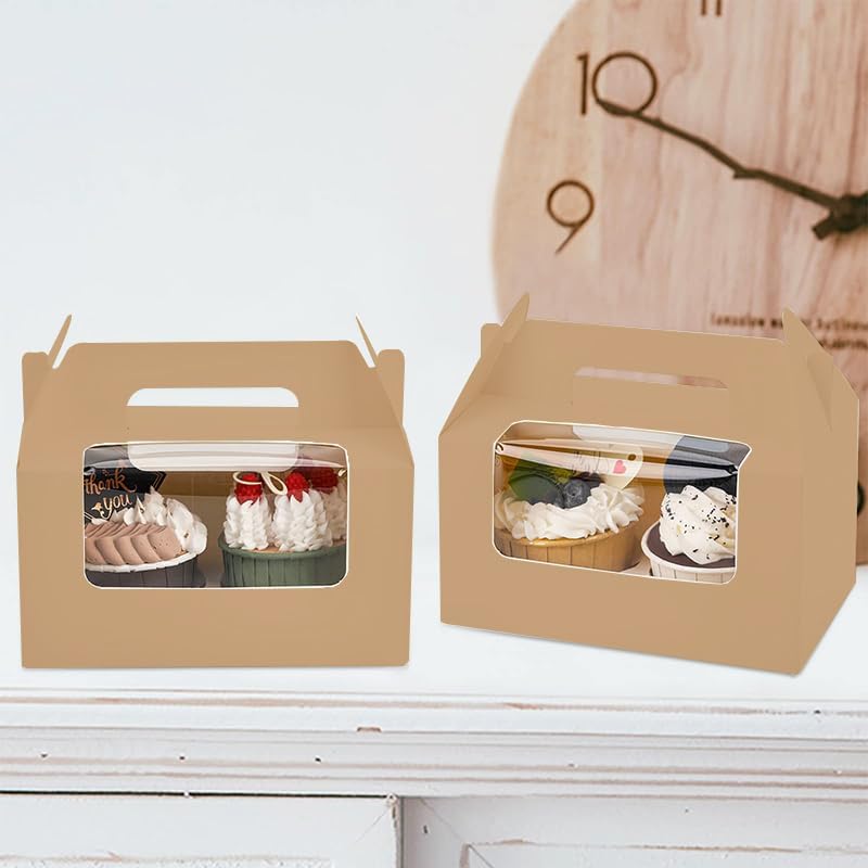 JIYIXhylera 100Pcs 16.5×9.5×9cm/6.49×3.74×3.54 inch Kraft Paper Cupcake Packing Box Christmas Gift Box with Clear Window 2 Cavity Muffin Cupcake Wedding Party Birthday Favors (100Pcs Kraft)