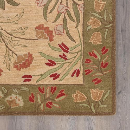 Image of Restoration and Renovation Handmade Floral Adeline Beige /Blue Tulips Traditional Crafted Wool Area Rug for Living Room Bedroom and Kitchen (Multi Color, 6' x 9')