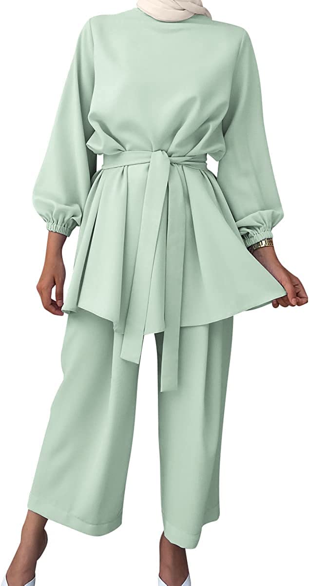 Ropa de oración de Las Mujeres Musulmanas de Manga Larga Top + Pantalones de Dos Piezas Traje de Ramadán de Manga Larga Suelta de Dos Piezas Traje árabe