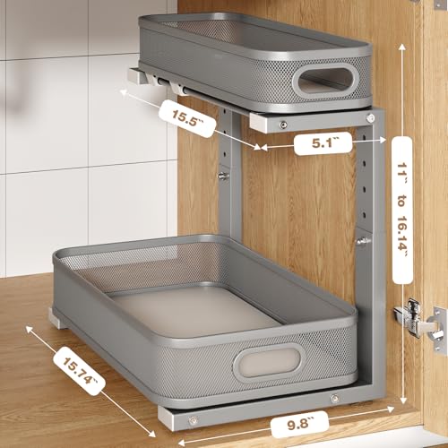 Image of 1 Pack 15.7IN-Depth Under Sink Organizer With Smooth Cylindrical Rail,2-Tier Pull Out Multi-Purpose Cabinet Storage for Bathroom&Kitchen,Height Adjustable,Rust-resistant Coating-Gun Gray