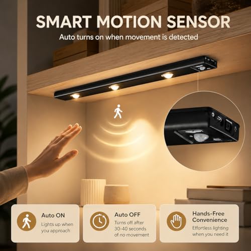 Image of One94Store 40CM Rechargeable Motion Sensor LED Light - Wireless Under Cabinet Light with 3 Color Modes, 1200mAh Battery, Dimmable Stick-On Lamp for Kitchen, Wardrobe & Bedroom (Black)