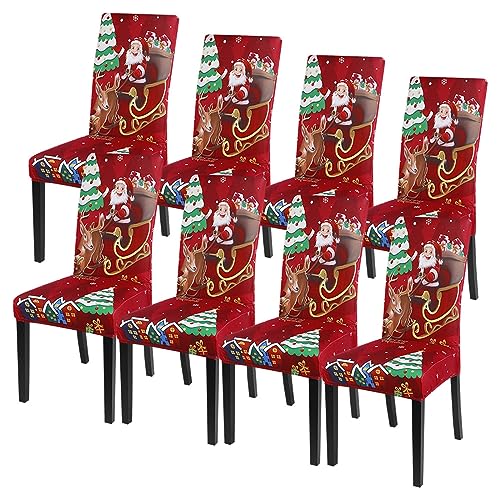 Image of SearchI Christmas Chair Covers Set of 8, Stretch Xmas Kitchen Chair Cover Removable Washable Holiday Parsons Chair Slipcovers for Dining Room, Christmas Decoration, Ceremony(Santa Claus+Elk)