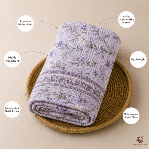 Image of Pure Cotton Printed Waffle Towel | Lightweight | Antimicrobial and Water Absorbent | Soft Touch Quick-Drying Bath Towel (Lilac Bloom, Pack of 1)