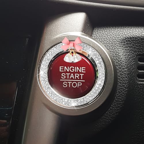 Bling Diamond Car Engine Start Stop Button Decoration Ring - Bling Ring Emblem Car Push to Start Button Cover with Cute Bow - Crystal Rhinestone Key Ignition Knob Starter Sticker for Women (White)