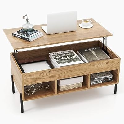 Tangkula Lift Top Coffee Table with Metal Legs, Rising Center Table w/Hidden Compartment & 3 Open Cubbies, Multifunctional Wood Dining Working Table for Living Room Reception Room (Natural)
