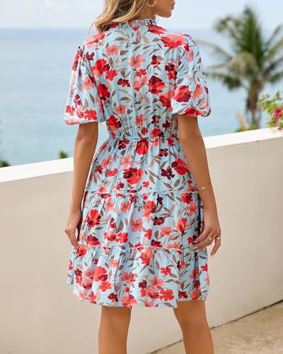 Image of BTFBM Women Summer Floral Short Dresses V Neck Short Sleeve Tiered Ruffle Boho Swing Dress A-Line Mini Dresses