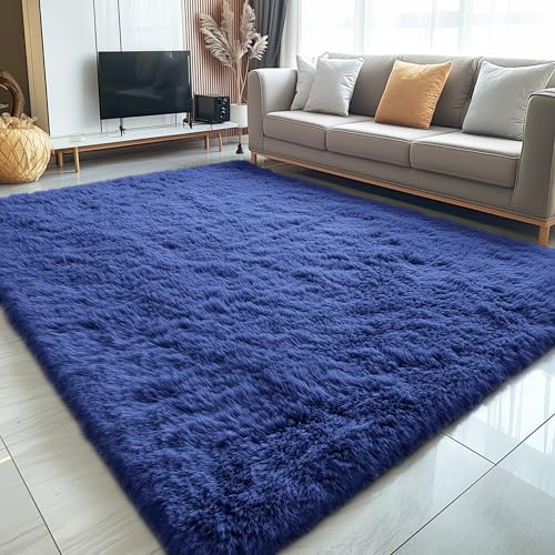 OLANLY 8x10 Machine Washable Large Area Rugs for Living Room, Bedroom, Soft Fluffy Shaggy Bedside Rug, Indoor Floor Carpet for Kids Girls and Boys, Dorms, Nursery, Home Decor Aesthetic, Navy Blue